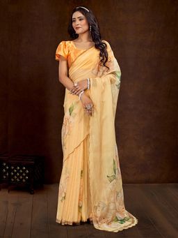 Akhilam - Women Organza Yellow Printed Designer Saree with Unstitched Blouse