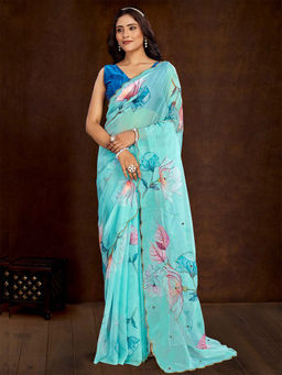 Akhilam - Women Organza Turquoise Printed Designer Saree with Unstitched Blouse
