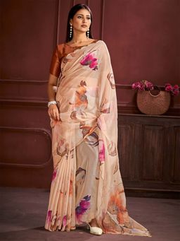 Akhilam - Women Organza Orange Printed Designer Saree with Unstitched Blouse