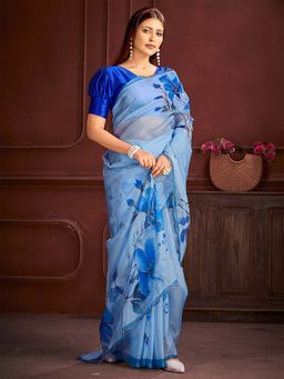 Akhilam - Women Organza Navy Blue Printed Designer Saree with Unstitched Blouse