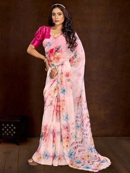 Akhilam - Women Organza Pink Printed Designer Saree with Unstitched Blouse