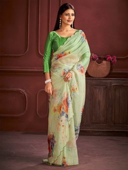 Akhilam - Women Organza Green Printed Designer Saree with Unstitched Blouse