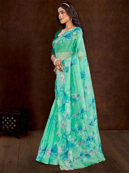 Akhilam - Women Organza Turquoise Printed Designer Saree with Unstitched Blouse