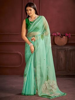 Akhilam - Women Organza Green Printed Designer Saree with Unstitched Blouse
