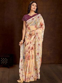 Akhilam - Women Organza Beige Printed Designer Saree with Unstitched Blouse