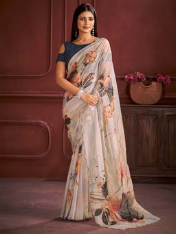 Akhilam - Women Organza Off White Printed Designer Saree with Unstitched Blouse