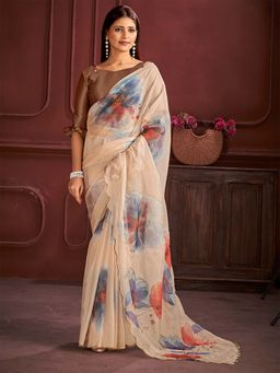 Akhilam - Women Organza Cream Printed Designer Saree with Unstitched Blouse