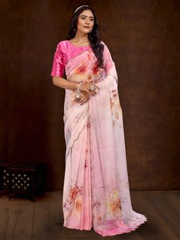 Akhilam - Women Organza Pink Printed Designer Saree with Unstitched Blouse