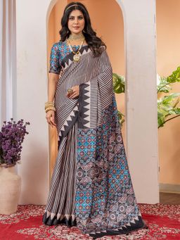 Akhilam - Women Crepe Black Printed Designer Saree with Unstitched Blouse
