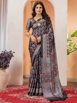 Akhilam - Women Crepe Black Printed Designer Saree with Unstitched Blouse