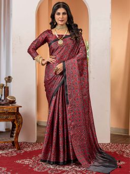 Akhilam - Women Crepe Maroon Printed Designer Saree with Unstitched Blouse