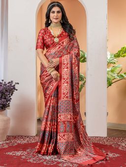 Akhilam - Women Crepe Brown Printed Designer Saree with Unstitched Blouse