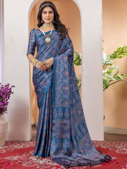 Akhilam - Women Crepe Blue Printed Designer Saree with Unstitched Blouse