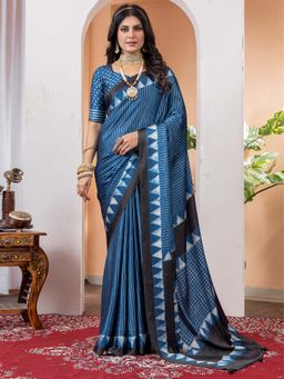 Akhilam - Women Crepe Blue Printed Designer Saree with Unstitched Blouse