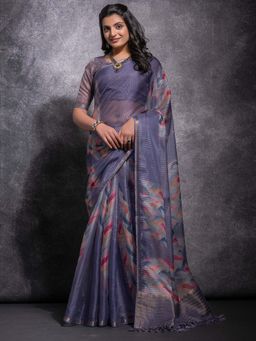 Akhilam - Women Linen Blend Lavender Woven Design Saree with Unstitched Blouse