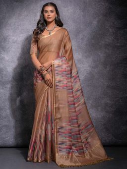 Akhilam - Women Linen Blend Beige Woven Design Designer Saree with Unstitched Blouse