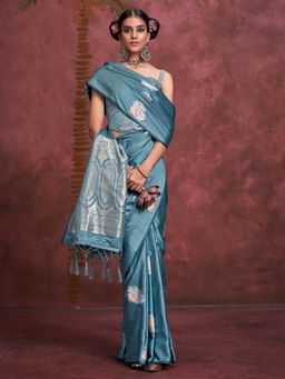 Akhilam - Women Satin Silk Light Blue Woven Design Saree with Unstitched Blouse