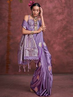 Akhilam - Women Satin Silk Lavender Woven Design Designer Saree with Unstitched Blouse