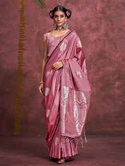 Akhilam - Women Satin Silk Mauve Woven Design Designer Saree with Unstitched Blouse