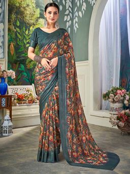 Akhilam - Women Chiffon Grey Printed Designer Saree with Unstitched Blouse