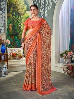 Akhilam - Women Chiffon Orange Printed Designer Saree with Unstitched Blouse