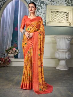 Akhilam - Women Chiffon Yellow Printed Designer Saree with Unstitched Blouse