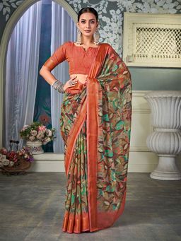 Akhilam - Women Chiffon Orange Printed Designer Saree with Unstitched Blouse