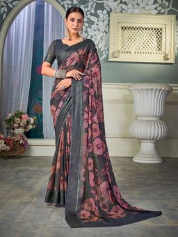 Akhilam - Women Chiffon Grey Printed Designer Saree with Unstitched Blouse