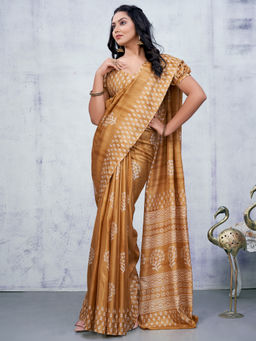 Akhilam - Women Cotton Blend Camel Brown Printed Designer Saree with Unstitched Blouse