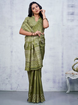 Akhilam - Women Cotton Blend Olive Printed Designer Saree with Unstitched Blouse