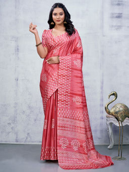 Akhilam - Women Cotton Blend Pink Printed Designer Saree with Unstitched Blouse