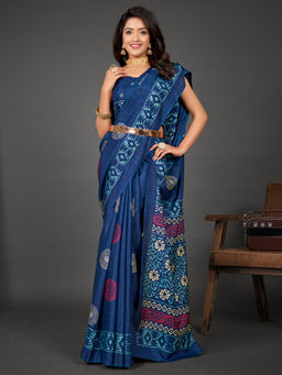 Akhilam - Women Cotton Blend Navy Blue Printed Designer Saree with Unstitched Blouse
