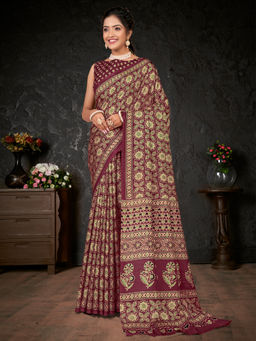 Akhilam - Women Cotton Blend Burgundy Printed Designer Saree with Unstitched Blouse