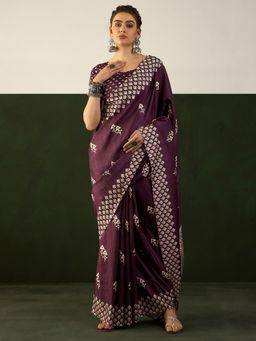 Akhilam - Women Cotton Blend Burgundy Printed Designer Saree with Unstitched Blouse