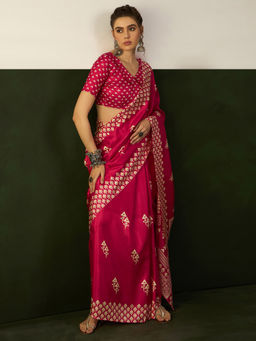Akhilam - Women Cotton Blend Pink Printed Designer Saree with Unstitched Blouse