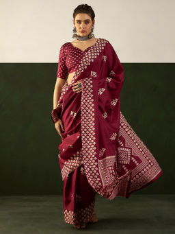 Akhilam - Women Cotton Blend Maroon Printed Designer Saree with Unstitched Blouse