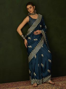 Akhilam - Women Cotton Blend Teal Blue Printed Designer Saree with Unstitched Blouse