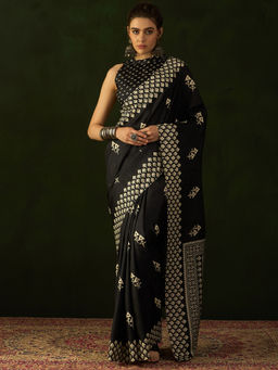 Akhilam - Women Cotton Blend Black Printed Designer Saree with Unstitched Blouse