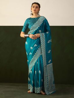 Akhilam - Women Cotton Blend Blue Printed Designer Saree with Unstitched Blouse