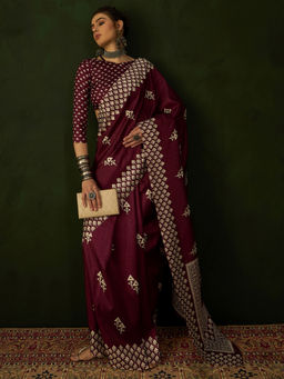 Akhilam - Women Cotton Blend Maroon Printed Designer Saree with Unstitched Blouse