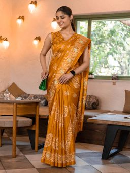 Akhilam - Women Dola Silk Mustard Printed Designer Saree with Unstitched Blouse