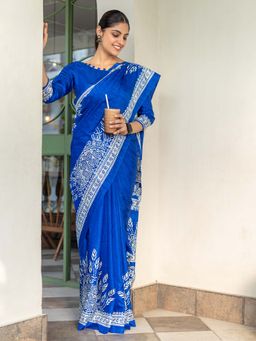 Akhilam - Women Dola Silk Navy Blue Printed Designer Saree with Unstitched Blouse