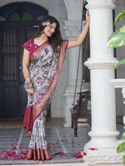 Akhilam - Women Viscose Silk Beige Printed Designer Saree with Unstitched Blouse