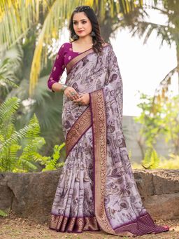 Akhilam - Women Viscose Silk Purple Printed Designer Saree with Unstitched Blouse