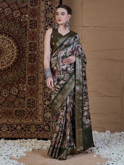 Akhilam - Women Viscose Silk Olive Printed Designer Saree with Unstitched Blouse