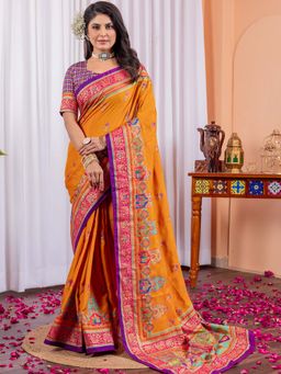 Akhilam - Women Silk Blend Yellow Printed Designer Saree with Unstitched Blouse