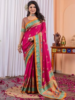Akhilam - Women Silk Blend Pink Printed Designer Saree with Unstitched Blouse