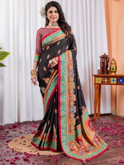 Akhilam - Women Silk Blend Black Printed Designer Saree with Unstitched Blouse