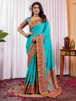 Akhilam - Women Silk Blend Light Blue Printed Designer Saree with Unstitched Blouse