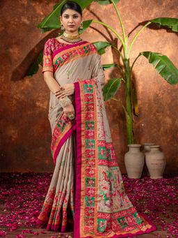 Akhilam - Women Silk Blend Beige Printed Designer Saree with Unstitched Blouse